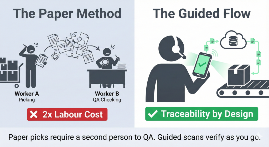 Gemini_generated_image_drvjf3drvjf3drvj | clarus wms Comparison of paper picking with second-person qa versus guided scanning with built-in traceability