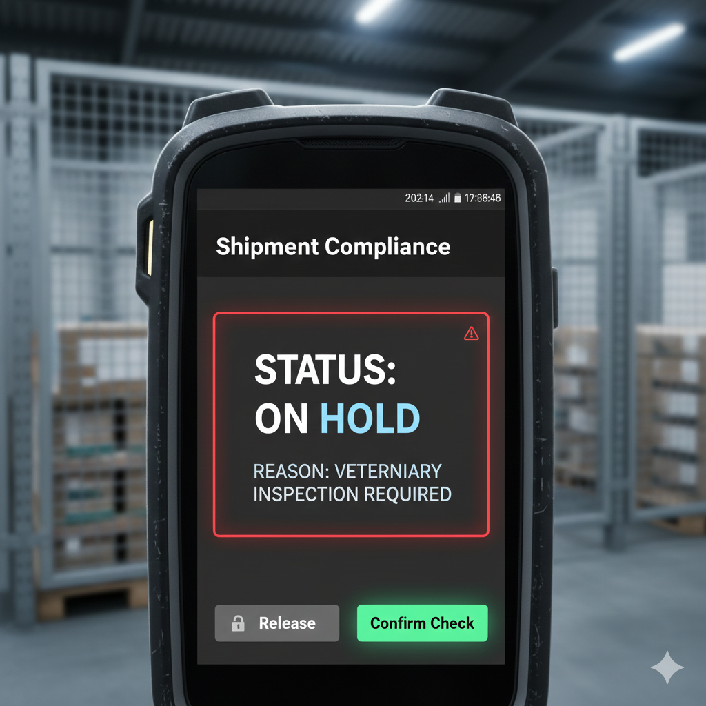 Handheld scanner showing a shipment on hold pending veterinary inspection
