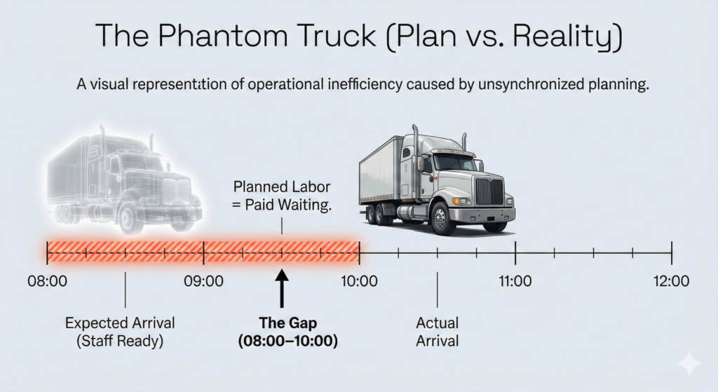 Timeline showing paid staff waiting when a truck arrives two hours after its expected slot