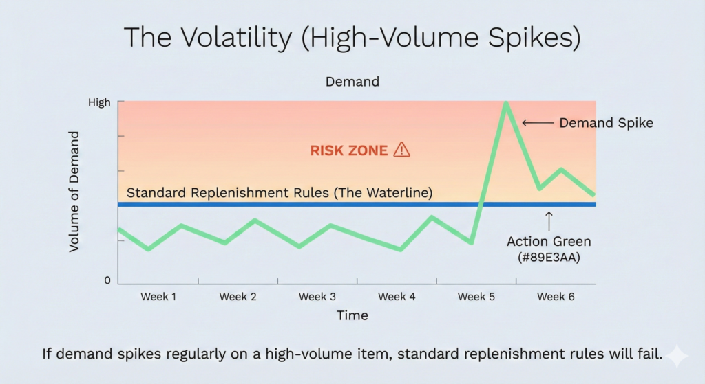 Chart of weekly demand spikes breaching standard replenishment rules into a risk zone