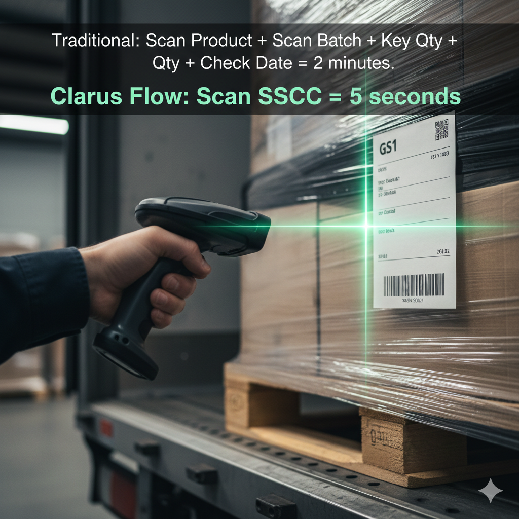 Warehouse worker scanning a gs1 pallet label, showing one sscc scan replacing manual product and batch entry