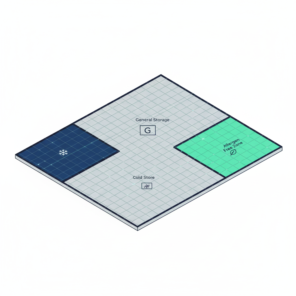 Isometric warehouse floor plan showing general storage, cold store and allergen free zones
