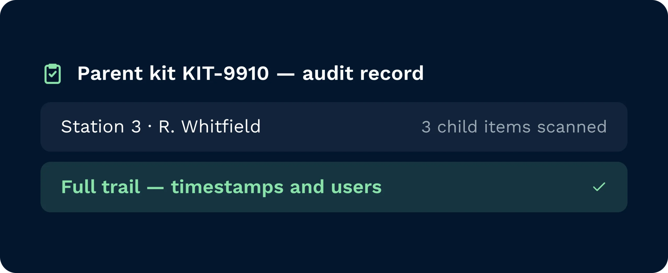 Every kit's build history logged for audit | clarus wms A parent kit's audit record showing which station and person scanned each of its three child items, with a full trail of timestamps and users.