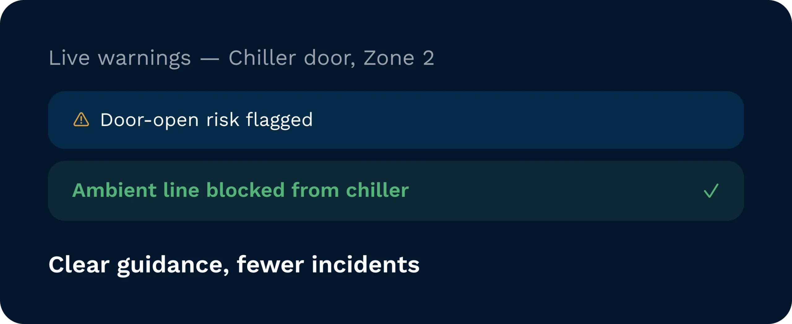 Live warnings keep the cold chain intact | clarus wms Live warning for the chiller door in zone 2 flagging a door-open risk, with the ambient line automatically blocked from the chiller.