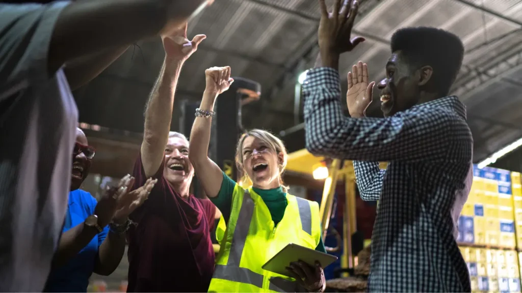 Happy warehouse workers