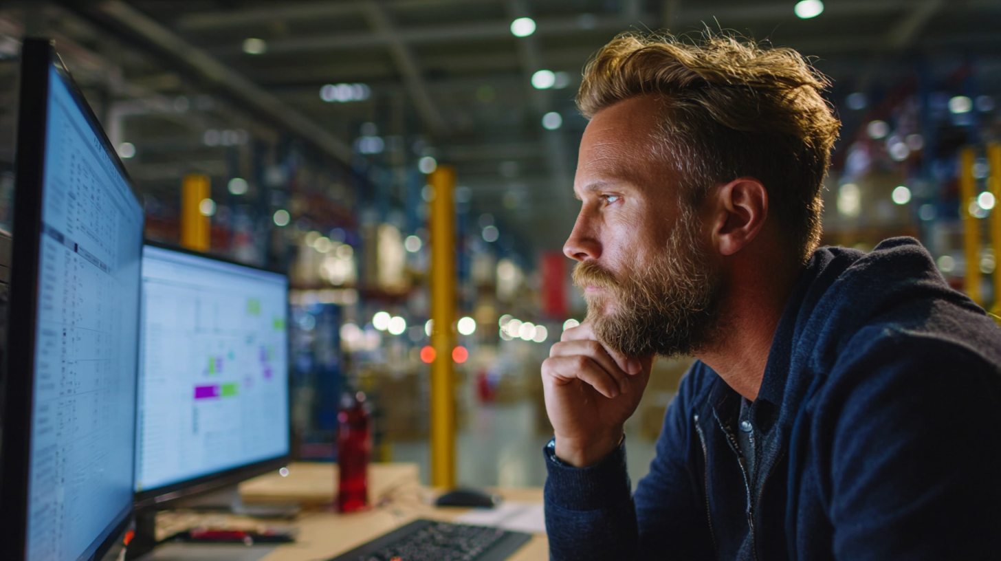 Warehouse manager reviews live billing dashboard in clarus wms overlooking high-bay aisles.