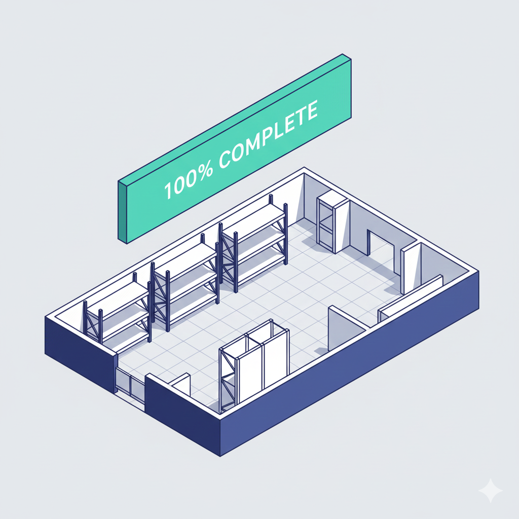 Isometric warehouse layout with shelving and a banner reading 100% complete