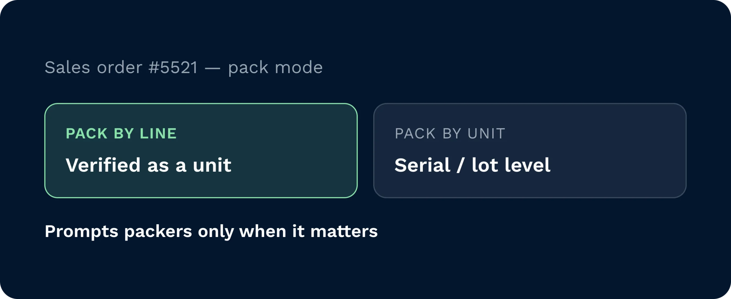 Intelligent order packing modes | clarus wms A dynamic warehouse interface displays options for packing orders by entire lines or verifying items at the individual serial level. The system optimises fulfilment speed by only prompting packers for extra details when strictly necessary.