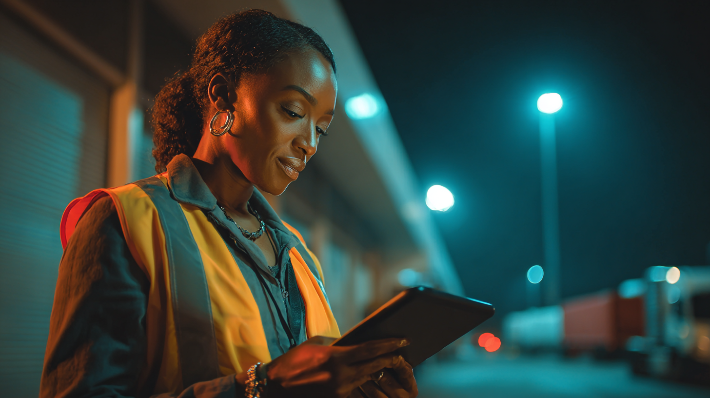 Warehouse manager reviews proof of receipt photos on a tablet beside the loading bay.
