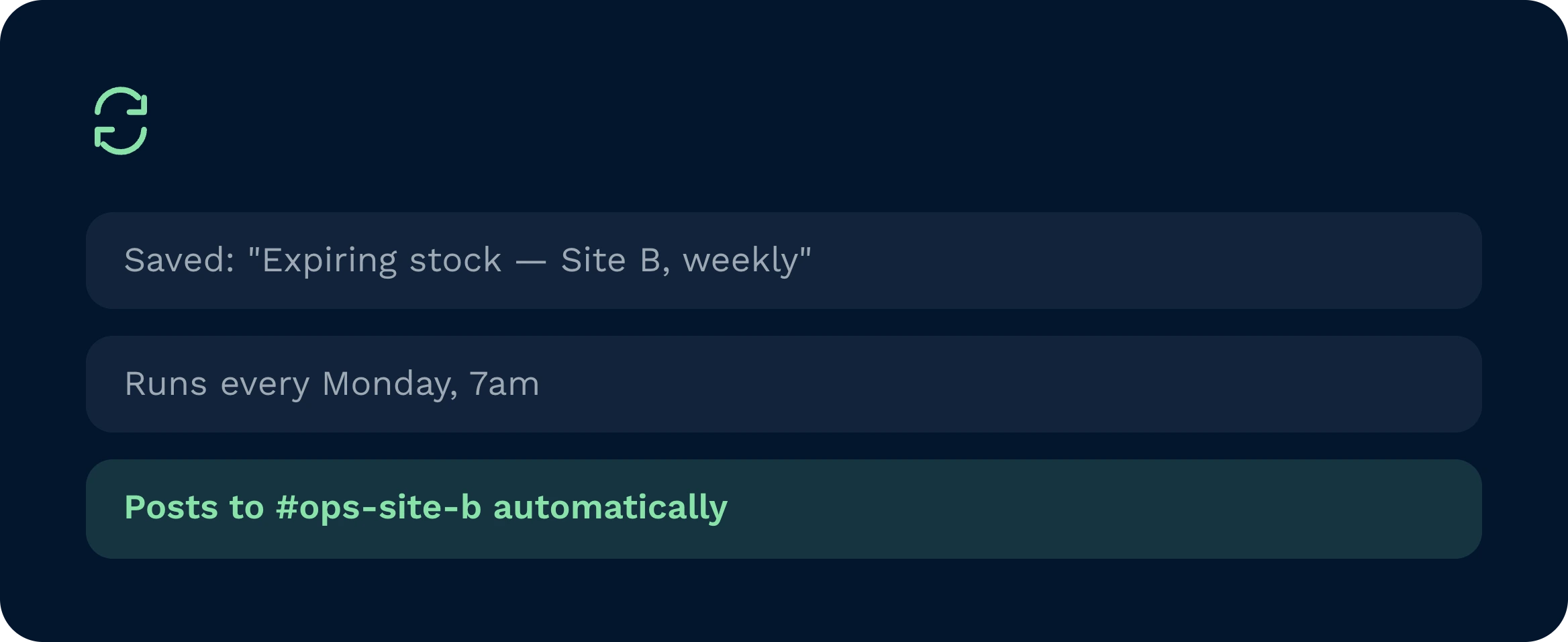 Warehouse management system automated reporting | clarus wms A warehouse management system interface showing an automated weekly report for expiring stock. The software automatically posts these scheduled inventory updates to a designated operations channel every monday morning.