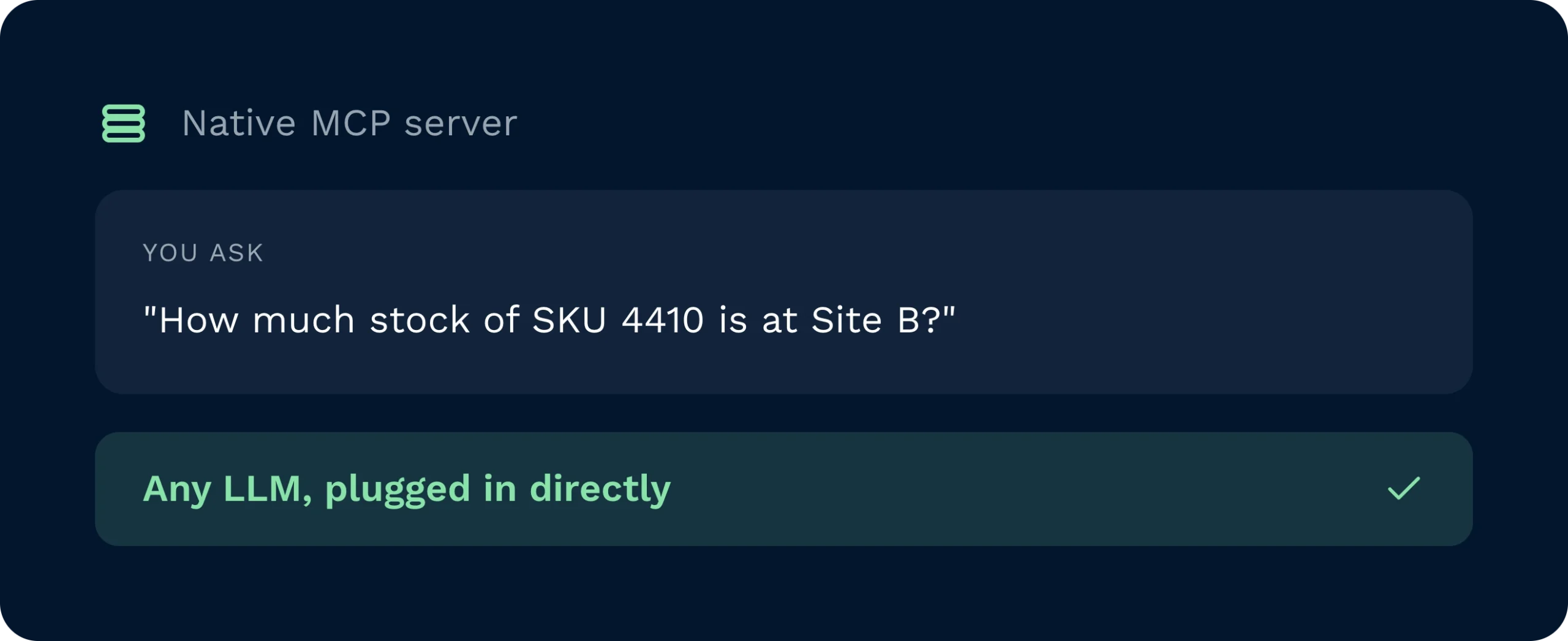 A native mcp server directly integrates any large language model into a warehouse management system for seamless data access. This allows users to easily query stock levels across different sites using natural conversational language.