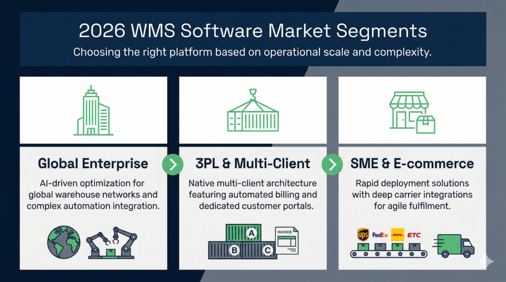 Gemini_generated_image_6craiu6craiu6cra | clarus wms Infographic of 2026 wms market segments for global enterprise, 3pl and sme e-commerce