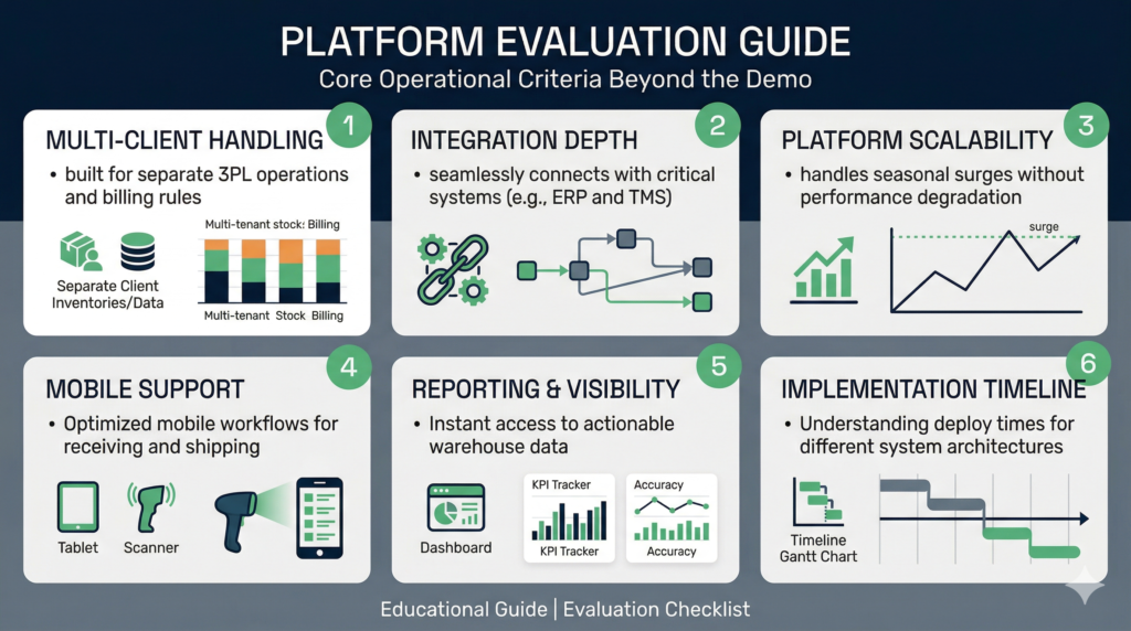 Infographic evaluation guide covering six wms criteria including integration, scalability and mobile support
