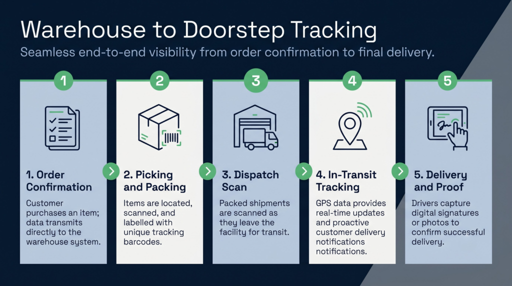 Warehouse to doorstep tracking infographic | clarus wms An infographic illustrating a five-step process for delivery tracking, starting from order confirmation and ending with delivery and proof.