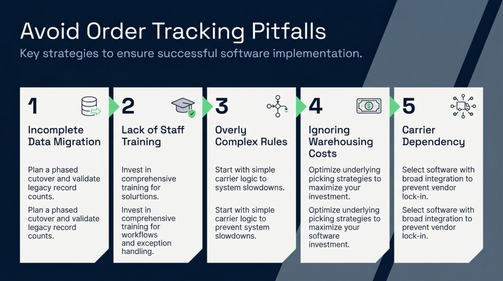 Infographic: avoiding order tracking implementation pitfalls | clarus wms A horizontal 16:9 infographic titled "avoid order tracking pitfalls" set against a dark corporate blue background. The layout features five clean, white vertical panels aligned side-by-side, numbered one through five. Each panel addresses a specific strategy for successful software implementation: incomplete data migration, lack of staff training, overly complex rules, ignoring warehousing costs, and carrier dependency. Every column includes a simple dark line-art icon at the top and a short paragraph of explanatory text below the heading.