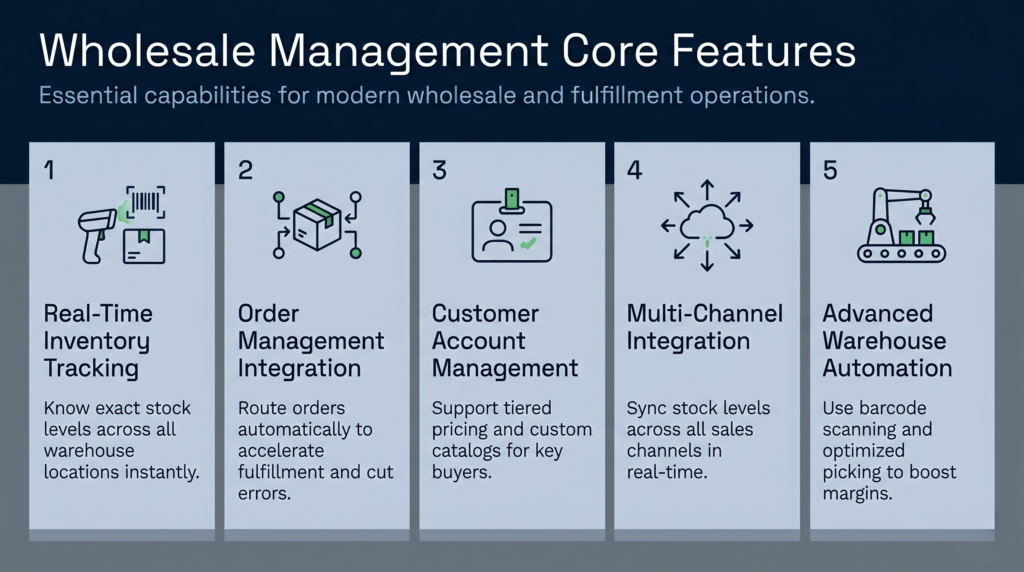 A flat vector infographic in a 16:9 horizontal layout with a deep blue background and five identical light grey column panels side-by-side. The main title reads "wholesale management core features" with the subtitle "essential capabilities for modern wholesale and fulfilment operations. " each of the five matching panels displays a number from 1 to 5, a clean line-art icon with subtle green accents, a bold heading, and a short sentence describing a core software capability: real-time inventory tracking, order management integration, customer account management, multi-channel integration, and advanced warehouse automation.