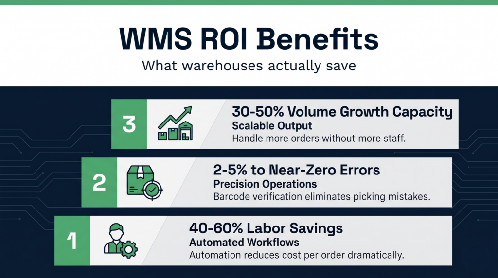 Cost breakdown showing how warehouse management system implementation delivers roi through labour cost reduction, faster order fulfilment, and improved accuracy