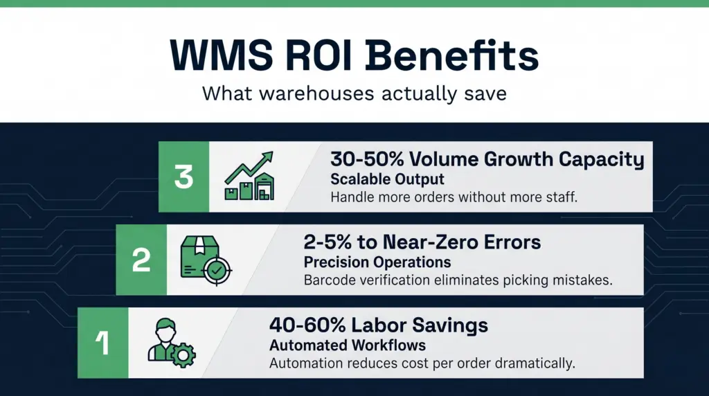 Cost breakdown showing how warehouse management system implementation delivers roi | clarus wms Cost breakdown showing how warehouse management system implementation delivers roi through labour cost reduction, faster order fulfilment, and improved accuracy
