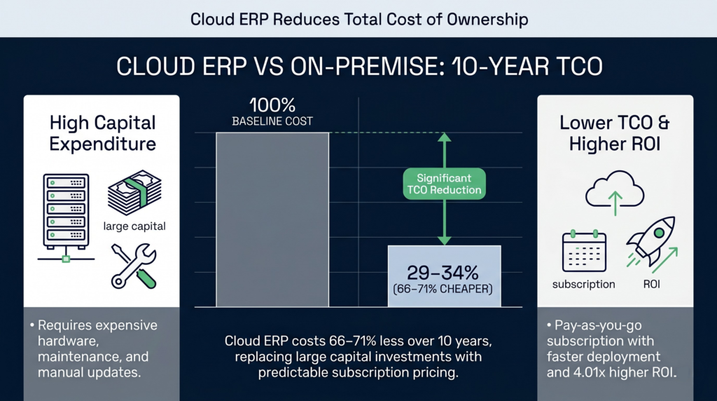 Cloud erp vs. On-premise 10-year tco comparison | clarus wms A 16:9 infographic comparing 10-year total cost of ownership. A bar chart shows on-premise at a 100% baseline cost, while cloud erp is significantly lower at 29–34% cost (representing a 66–71% savings). Text panels emphasize that cloud erp replaces high capital expenditures with predictable subscription pricing and higher roi.