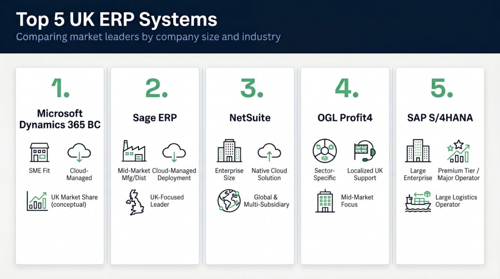 Top 5 uk erp systems comparison infographic | clarus wms A horizontal 16:9 infographic titled "top 5 uk erp systems: comparing market leaders by company size and industry. " the clean, corporate design features a dark blue header and five structured white panels ranking the software from 1 to 5 left to right: 1. Microsoft dynamics 365 bc, 2. Sage erp, 3. Netsuite, 4. Ogl profit4, and 5. Sap s/4hana. Each panel uses minimalist line-art icons and brief labels to show company size fit, deployment models, and industry focus.