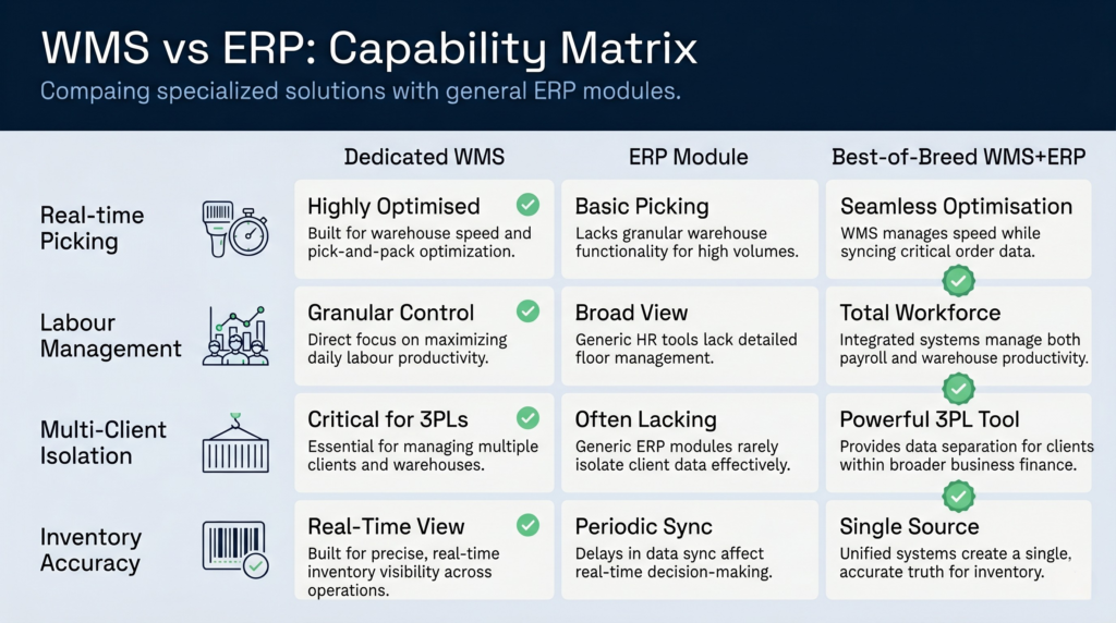 Wms vs erp capability matrix infographic | clarus wms A comparison infographic matrix evaluating a dedicated wms, an erp module, and a best-of-breed wms+erp solution. The grid tracks four rows of operational features: real-time picking, labour management, multi-client isolation, and inventory accuracy. Designed in a professional tech corporate style with a deep blue background, light grey information cards, clear typography, and bright green checkmarks highlighting optimal features.