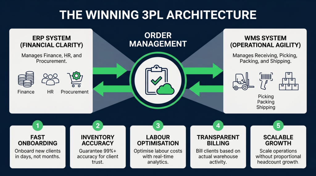 Infographic: the winning 3pl integration architecture flowchart | clarus wms A corporate tech infographic on a deep blue background mapping out a 3pl system flow diagram. In the centre is a circular hub for order management, connected by green bidirectional sync arrows to an erp system card on the left (covering finance, hr, and procurement) and a wms system card on the right (covering picking, packing, and shipping). The bottom row features five numbered white cards highlighting the benefits of this integration: fast onboarding, inventory accuracy, labour optimisation, transparent billing, and scalable growth.