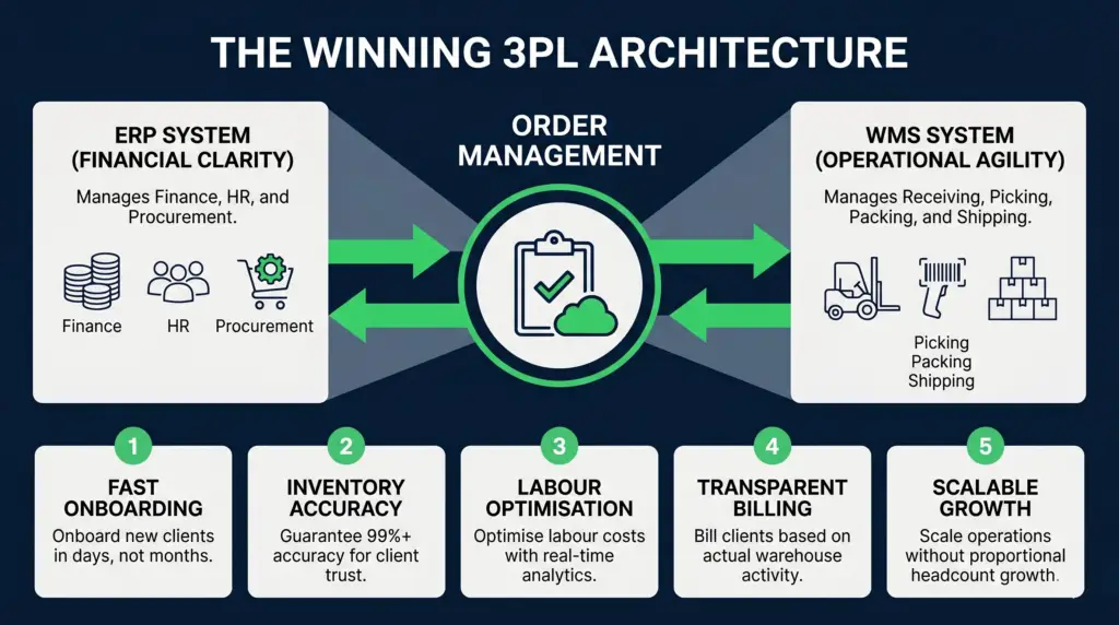 Infographic: the winning 3pl integration architecture flowchart | clarus wms A corporate tech infographic on a deep blue background mapping out a 3pl system flow diagram. In the centre is a circular hub for order management, connected by green bidirectional sync arrows to an erp system card on the left (covering finance, hr, and procurement) and a wms system card on the right (covering picking, packing, and shipping). The bottom row features five numbered white cards highlighting the benefits of this integration: fast onboarding, inventory accuracy, labour optimisation, transparent billing, and scalable growth.