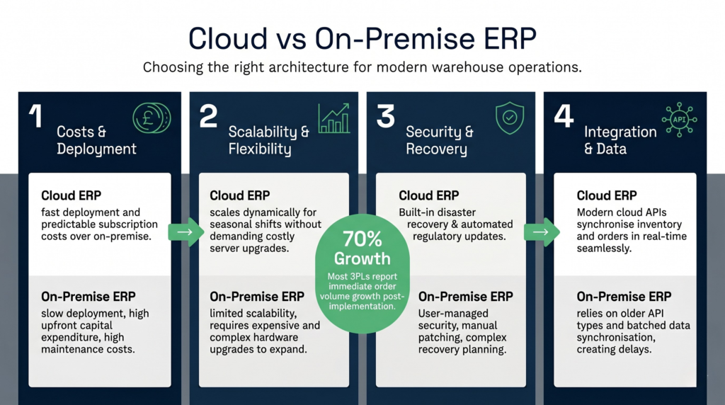 A professional 16:9 infographic comparing cloud erp versus on-premise erp for warehouse operations. The layout features a structured four-column grid detailing costs & deployment, scalability & flexibility, security & recovery, and integration & data. A prominent green circular badge in the centre highlights a 70% growth metric for 3pls. The design uses a tech-corporate palette of deep blue, white, grey, and selective action green accents with clear, scannable typography.