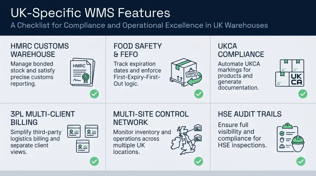 Uk-specific wms features infographic | clarus wms A clean, professional horizontal infographic titled "uk-specific wms features" with the subtitle "a checklist for compliance and operational excellence in uk warehouses. " the design uses a corporate blue and light grey colour palette arranged in a balanced three-by-two grid. Six key warehouse management features are displayed with minimalist line-art icons and distinct green checkmarks: hmrc customs warehouse management, food safety and fefo traceability, ukca compliance documentation, 3pl multi-client billing, multi-site control networks, and hse audit trails. Each module contains a brief, clear description explaining its operational or compliance benefit.