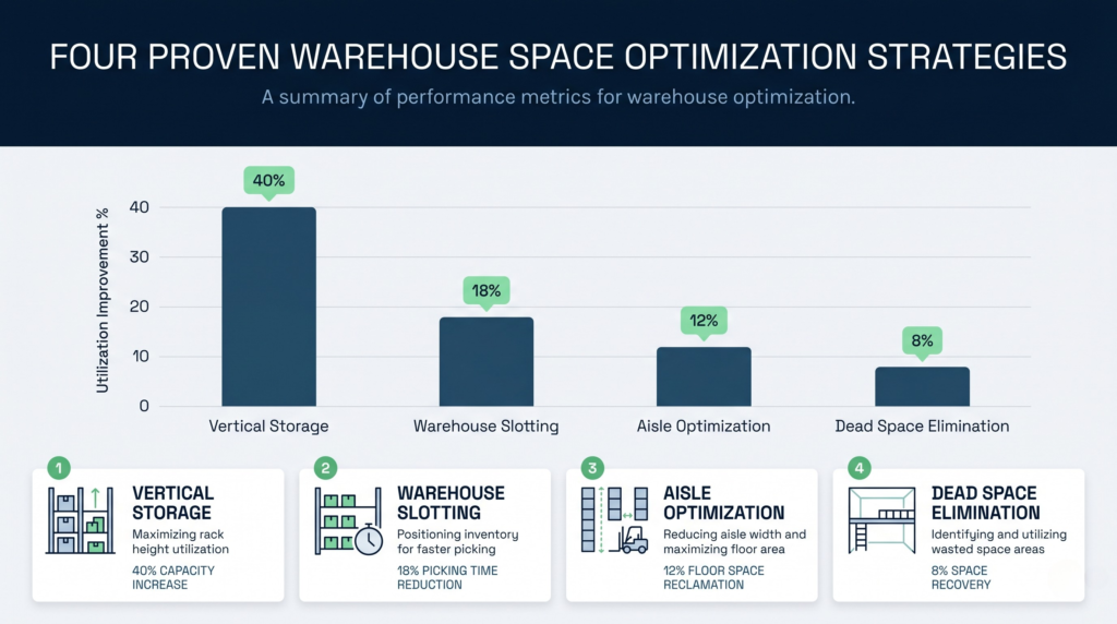 Comparison chart showing warehouse density gains from vertical racking, slotting, and aisle optimisation | clarus wms Comparison chart showing warehouse density gains from vertical racking, slotting, and aisle optimisation