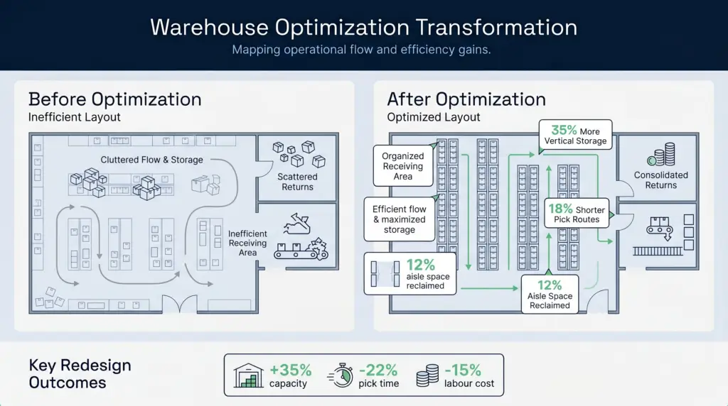 Warehouse layout before-and-after visual showing space optimization improvements across receiving, storage, and dispatch zones | clarus wms Warehouse layout before-and-after visual showing space optimisation improvements across receiving, storage, and dispatch zones