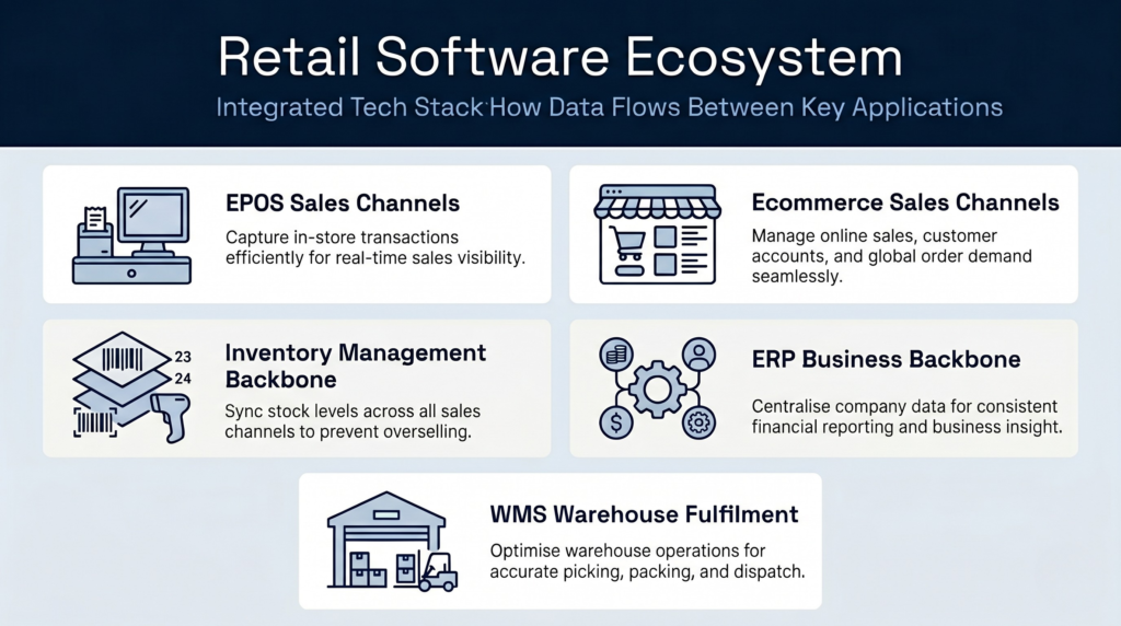 Five connected boxes showing retail software stack: epos/pos at shop level, ecommerce at online level, inventory in the middle, erp pulling data from all, and wms at warehouse level. | clarus wms Five connected boxes showing retail software stack: epos/pos at shop level, ecommerce at online level, inventory in the middle, erp pulling data from all, and wms at warehouse level.