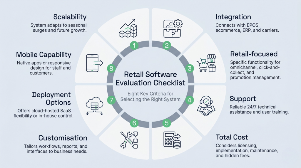 Eight checklist criteria for evaluating retail software displayed as icons with labels: scalability, integration, retail-specific features, support quality, total cost of ownership, customisation, cloud vs on-premise, and mobile capability. | clarus wms Eight checklist criteria for evaluating retail software displayed as icons with labels: scalability, integration, retail-specific features, support quality, total cost of ownership, customisation, cloud vs on-premise, and mobile capability.
