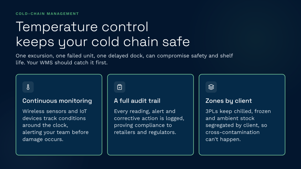 Clarus wms cold chain management and temperature control | clarus wms This infographic explains how a warehouse management system like clarus wms ensures cold chain safety through continuous iot temperature monitoring, complete audit trails, and client-segregated storage zones. These essential features empower 3pls to prevent cross-contamination, maintain strict regulatory compliance, and protect product shelf life by catching excursions early.