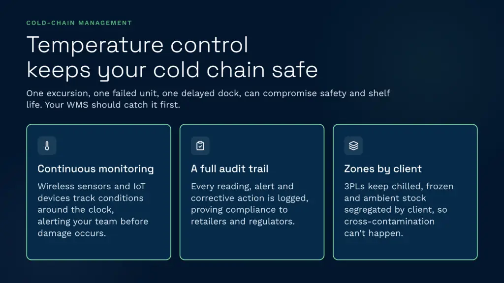 Clarus wms cold chain management and temperature control | clarus wms This infographic explains how a warehouse management system like clarus wms ensures cold chain safety through continuous iot temperature monitoring, complete audit trails, and client-segregated storage zones. These essential features empower 3pls to prevent cross-contamination, maintain strict regulatory compliance, and protect product shelf life by catching excursions early.