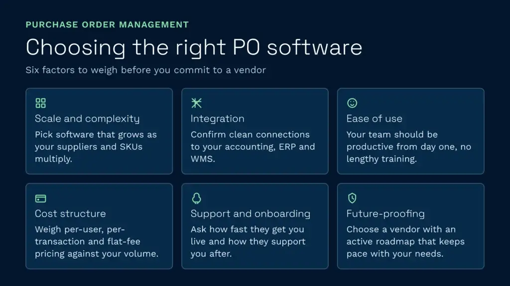 Choosing the right purchase order software | clarus wms This clarus wms infographic outlines six crucial factors to weigh before committing to a new purchase order management software vendor. These key considerations include evaluating the system's scale and complexity, integration capabilities, ease of use, cost structure, onboarding support, and future-proofing roadmap.