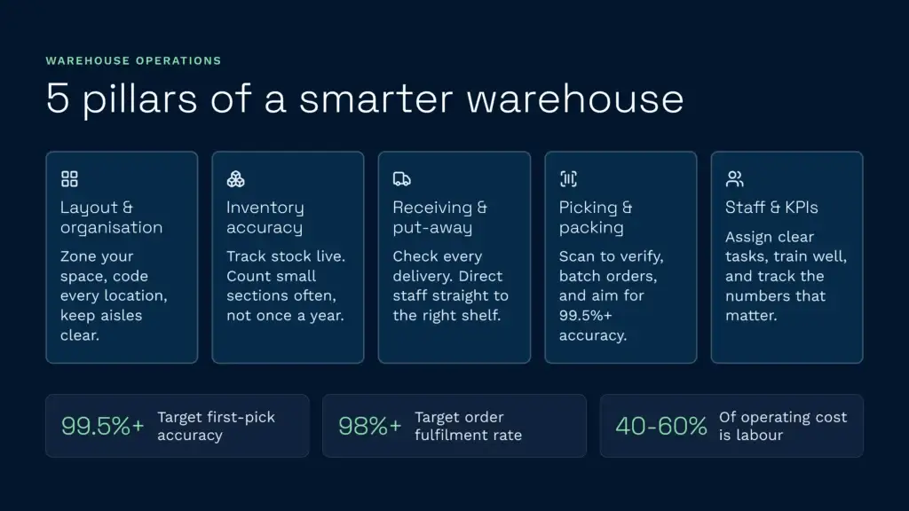 5 pillars of a smarter warehouse | clarus wms An educational infographic outlining the five pillars of efficient warehouse operations: layout and organisation, inventory accuracy, receiving and put-away, picking and packing, and staff kpis. Implementing a warehouse management system helps achieve key performance targets like high order fulfilment rates and optimised labour costs.