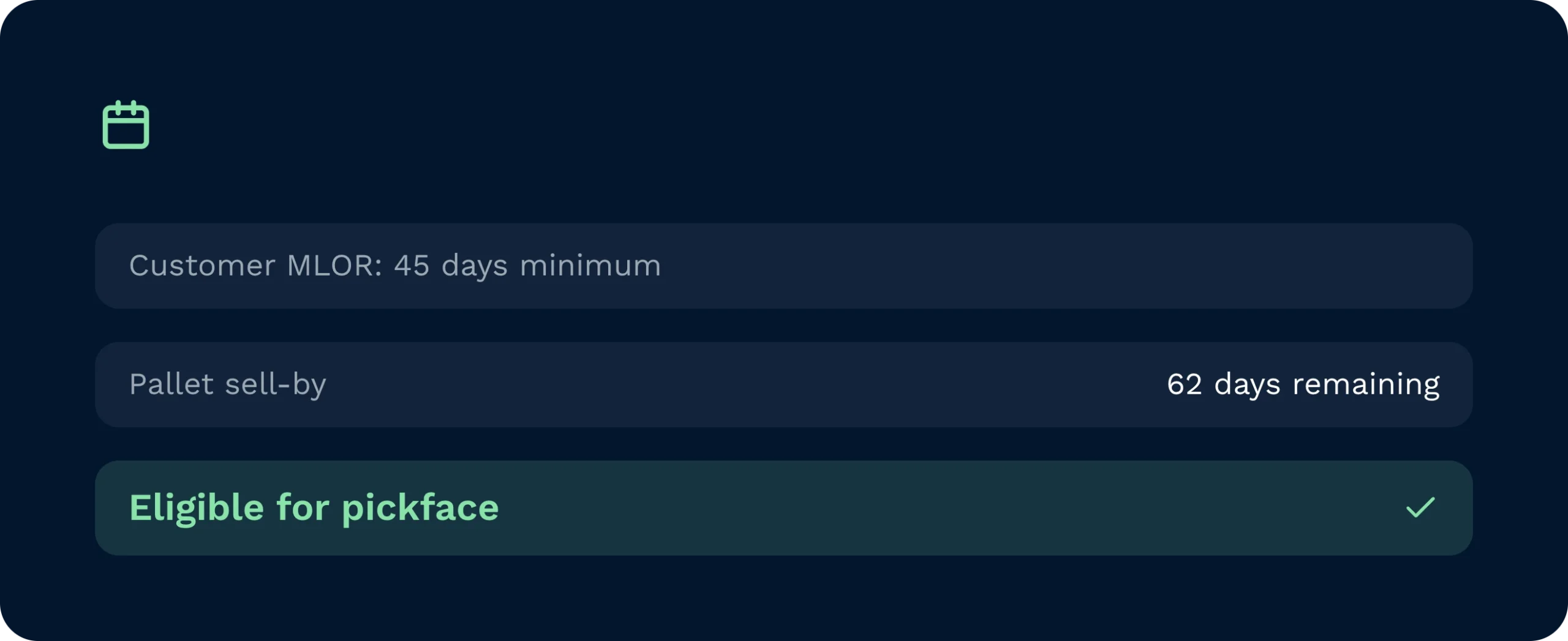 Warehouse management system shelf life tracking | clarus wms A warehouse management system interface evaluating inventory against customer minimum life on receipt requirements. The software automatically calculates remaining sell-by dates to confirm if a pallet is eligible for the pickface.